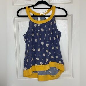 Jenny Han blue and yellow floral 100% silk sleeveless high low blouse | M